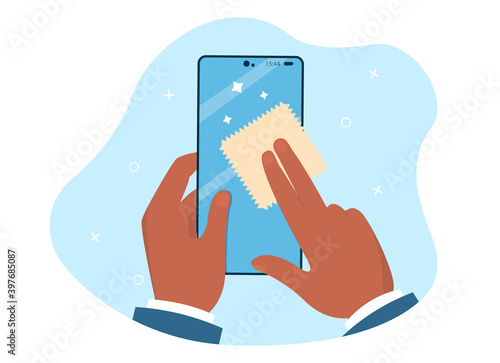 Hands are holding and cleaning mobile phone screen with a napkin. Napkin turns dirty surface with microbes into shining bright clean screen. Flat cartoon vector illustration