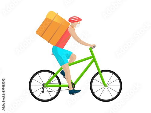 Courier on bicycle delivers order. Character in red helmet and white mask rides green wheeled vehicle with yellow bag backpack express delivery and logistics service throughout vector city,