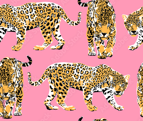 Seamless pattern with a different wild leopards on a pink background. Textile composition, hand drawn style print. Vector illustration.