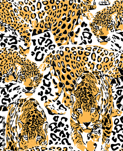 Seamless pattern with a different wild leopards and spots of skin. Textile composition  hand drawn style print. Vector illustration.