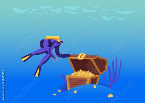 Scuba Diver Character Found Open Treasure Chest with Gold at Sea Bottom, Lost Pirate Treasures Hunting Hobby or Activity