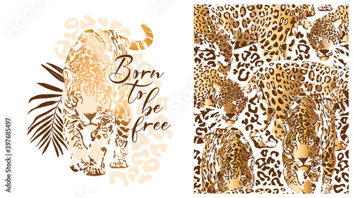 Set of print and seamless wallpaper pattern. Graceful leopard and exotic palm leaf. Born to be free - lettering quote. Textile composition, hand drawn style print. Vector illustration. photo