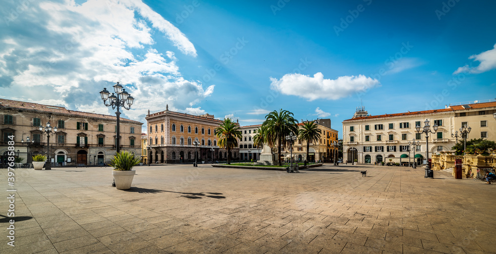 Panoramic view of Piazza d'Italia in Sassari on a sunny day