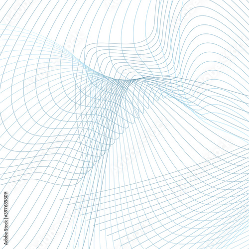 Futuristic blue wavy lines on a white background. Curved space concept. Sound, radio waves. Squiggly thin curves. Industrial style. Abstract technology design. Vector grid pattern. EPS10 illustration