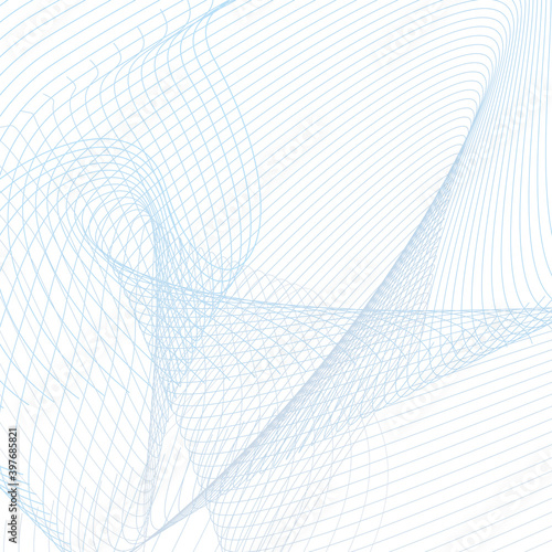 Lighrt blue squiggle lines, white background. Curved space concept. Sound, radio waves. Wavy subtle curves. Industrial style. Abstract geometric composition, vector techno design. Grid pattern. EPS10