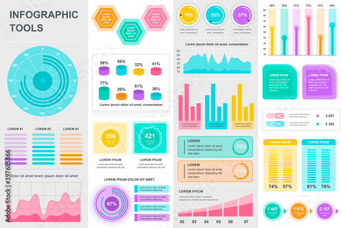 Bundle infographic UI, UX, KIT elements. Different charts, diagrams, workflow, flowchart, timeline, schemes, marketing icons, graphs and bars design template. Vector info graphic and infographics set.