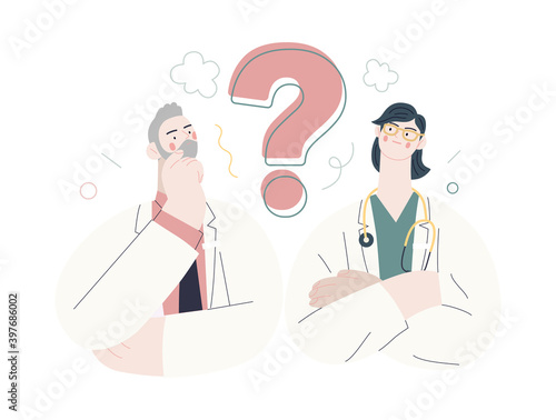 Medical insurance template -second opinion on a matter -modern flat vector concept digital illustration of two doctors and a question mark, second medical opinion metaphor, medical insurance plan
