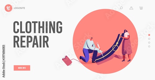 Atelier Workers Profession Landing Page Template. Tiny Characters Sewing Workshop, Tailor or Dressmakers Repair Zipper