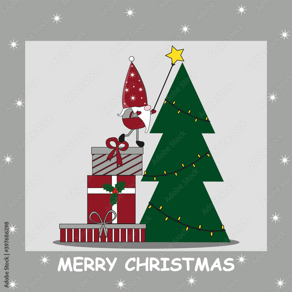 santa claus elf stands on a pile of New Year gifts and wears a yellow star on top of a Christmas tree with a garland of lanterns vector illustration new year christmas card