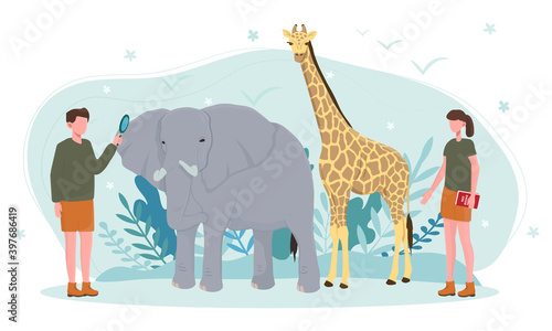 Caucasian male and female zoologists examining animals. Concept of exploring and studying fauna. Wild animal protection, expedition to wild nature. Flat cartoon vector illustration © Rudzhan