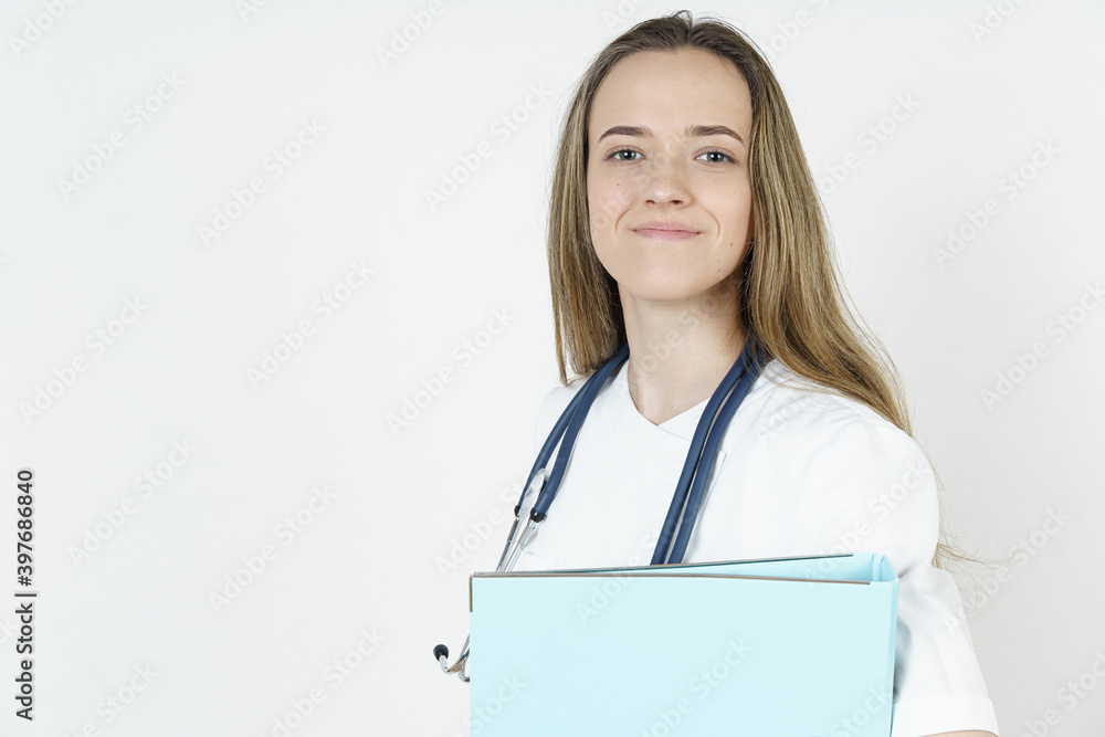 Medicine and health concept. Doctor woman holding a folder. Medicine and health concept. Doctor woman holding a folder.