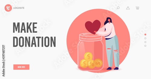 Volunteers Charity Landing Page Template. Donation, Tiny Female Character Throw Heart into Huge Glass Jar with Coins