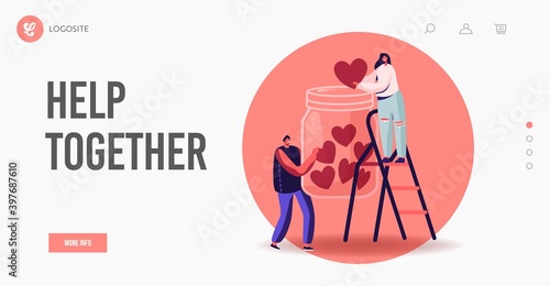 Social Awareness. Landing Page Template. Tiny Male and Female Characters Throw Heart into Huge Glass Jar Stand on Ladder