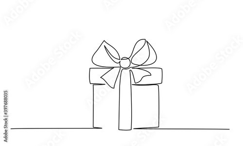 Christmas Present box with ribbon and bow. Continuous one line