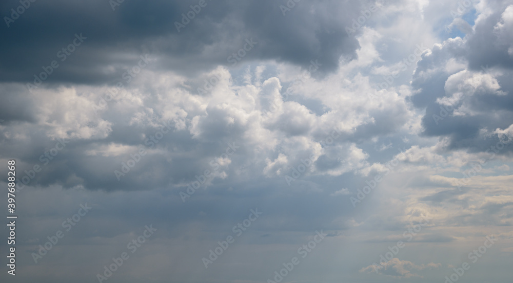 Clouds in the overcast sky view. Climate, environment and weather concept sky background.