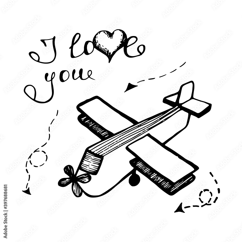 Valentine's day greeting card. Cute airplane on a white background. Hand drawn Valentine's day greeting card. Cute airplane on a white background. Hand drawn