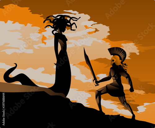 orange and black pottery painting of perseus fighting the medusa