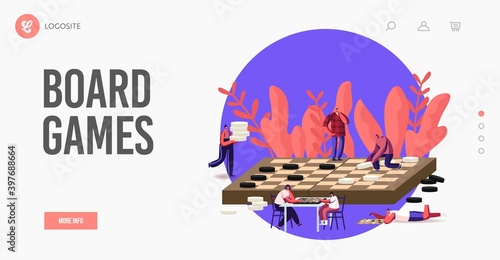 Boardgame Recreation, Leisure or Family Hobby Landing Page Template. Tiny Characters Playing Huge Checkers, Board Game
