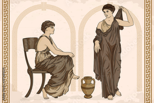 Two ancient Greek women in tunics talk near a jug of wine. Antique fresco on a beige background.