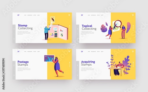 Philately Landing Page Template Set. Tiny Philatelist Characters Collecting and Studying History of National Postage Stamps