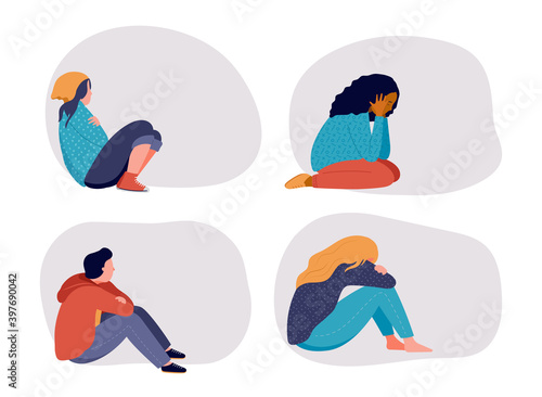 Young people, teenagers, suffering from psychological diseases, anxiety. Girls and boys sitting sad by the window or wall