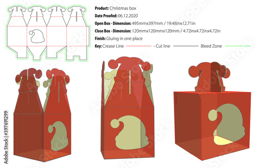 Christmas box with handle santa claus hat on top packaging design template gluing die cut - vector 