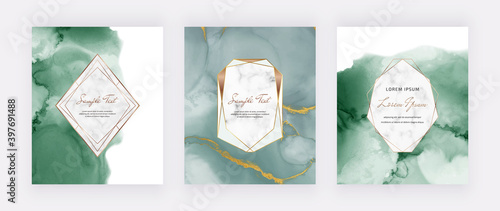 Green alcohol ink watercolor cards with marble geometric frames
