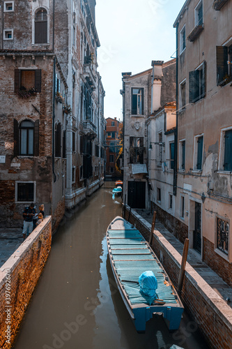 Old italian architecture with landmark bridge, romantic boat. Venezia. Grand canal for gondola in travel europe city. Italy, Venice. © Maksym