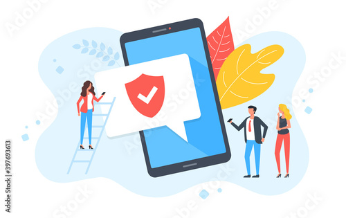 Mobile security. Group of people mobile phone device and shield with check mark on screen. Data protection, smartphone security, privacy, locked phone concept. Modern flat design. Vector illustration