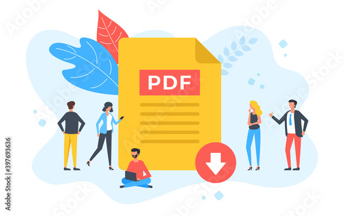 Download PDF file. Group of people with PDF document and download button. Modern flat design. Vector illustration