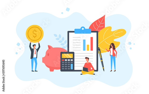 Savings. Group of people and piggy bank, clipboard with financial document, gold coin. Happy people. Investing, finance, economy, loan, budget planning concept. Modern flat design. Vector illustration