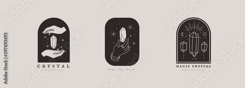 Set of emblems with magic crystals. Magic crystals sparkle and float in hands. Quartz stone in trendy minimalist style. Mystical retro symbols for spiritual practices of magic and astrological rites.