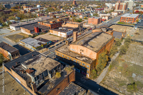 Aerial View of Crumbling Gary Indiana, Post industrial Collapse of Downtown Gary, Indiana. 