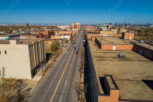Foto Aerial View of Crumbling Gary Indiana, Post industrial Collapse of Downtown Gary, Indiana