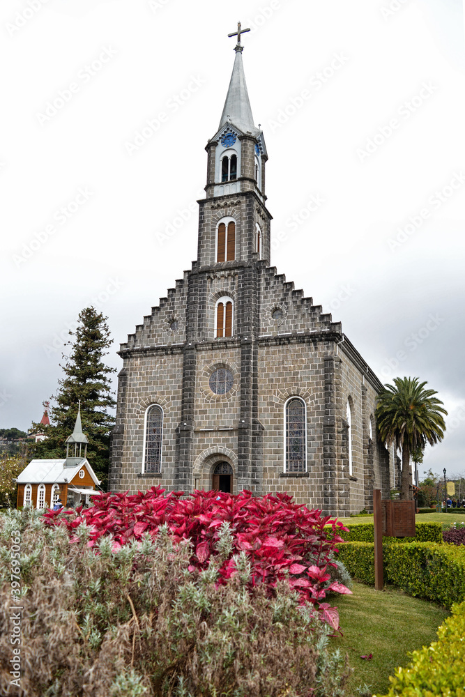 Front view of Gramado city's Cathedral, south of Brazil, on a cloudy day.