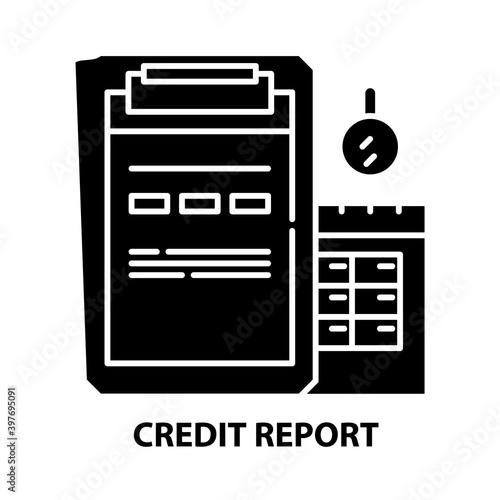 credit report icon, black vector sign with editable strokes, concept illustration