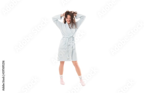 perfect morning wakeup. woman in bathrobe isolated on white. good morning. cosy day at home. lazy sunday. home wear fashion. spa treatment. hair and skin care. personal hygiene. girl relax © be free
