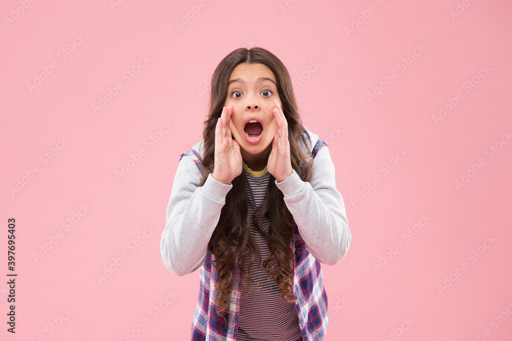 Attention all. Little girl scream holding hands at mouth. Sale and discount. Shopping season. Black Friday. Cyber Monday. Trendy fashion. Attention, please Attention all. Little girl scream holding hands at mouth. Sale and discount. Shopping season. Black Friday. Cyber Monday. Trendy fashion. Attention, please