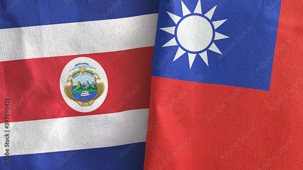 Taiwan and Costa Rica two flags textile cloth 3D rendering