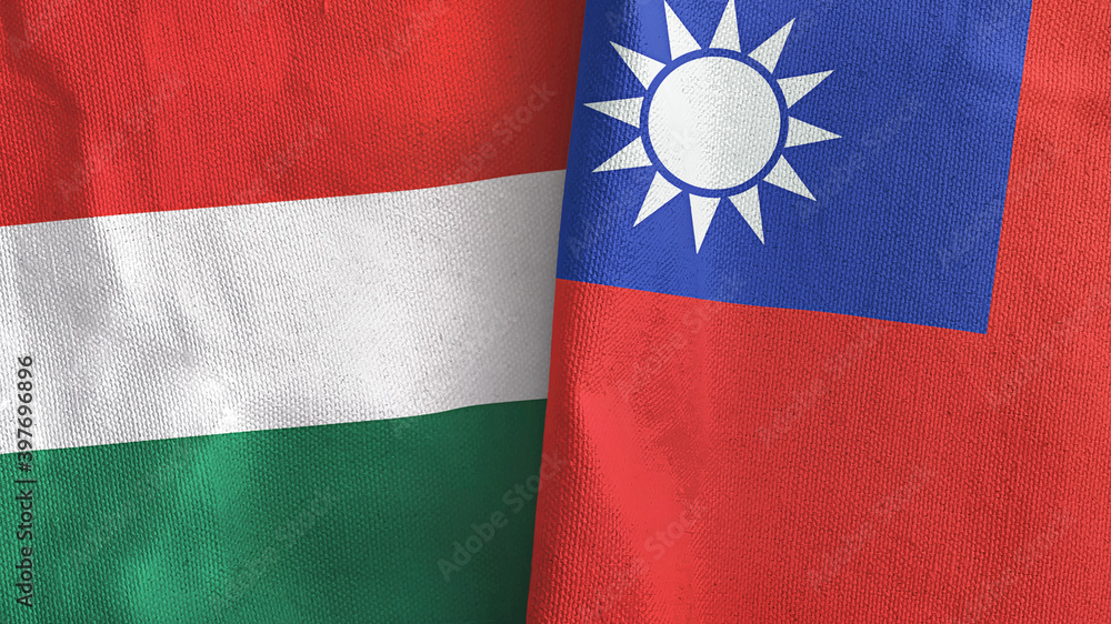 Taiwan and Hungary two flags textile cloth 3D rendering