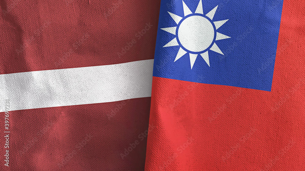 Taiwan and Latvia two flags textile cloth 3D rendering