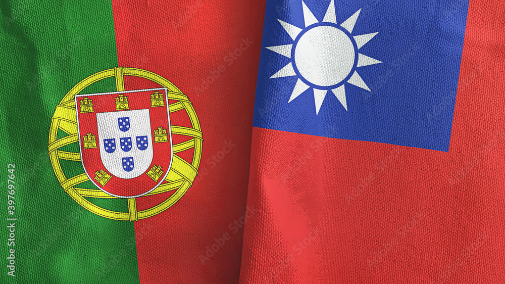 Taiwan and Portugal two flags textile cloth 3D rendering