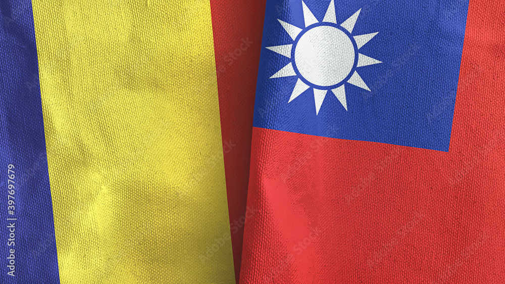 Taiwan and Romania two flags textile cloth 3D rendering
