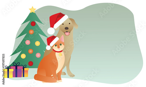 Cat and dog wearing santa hat and christmas tree with presents