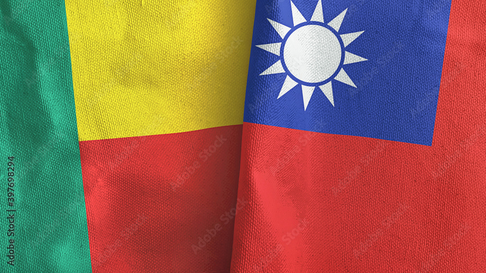 Taiwan and Benin two flags textile cloth 3D rendering