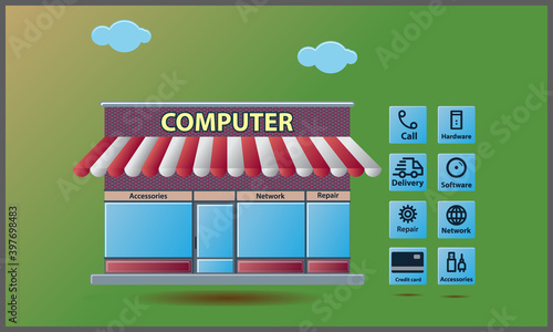 Fototapeta Naklejka Na Ścianę i Meble -  computer store concept, vector illustration of  red computer shop has advantages, delivery, call center, repair also sells hardware, software and accessories.