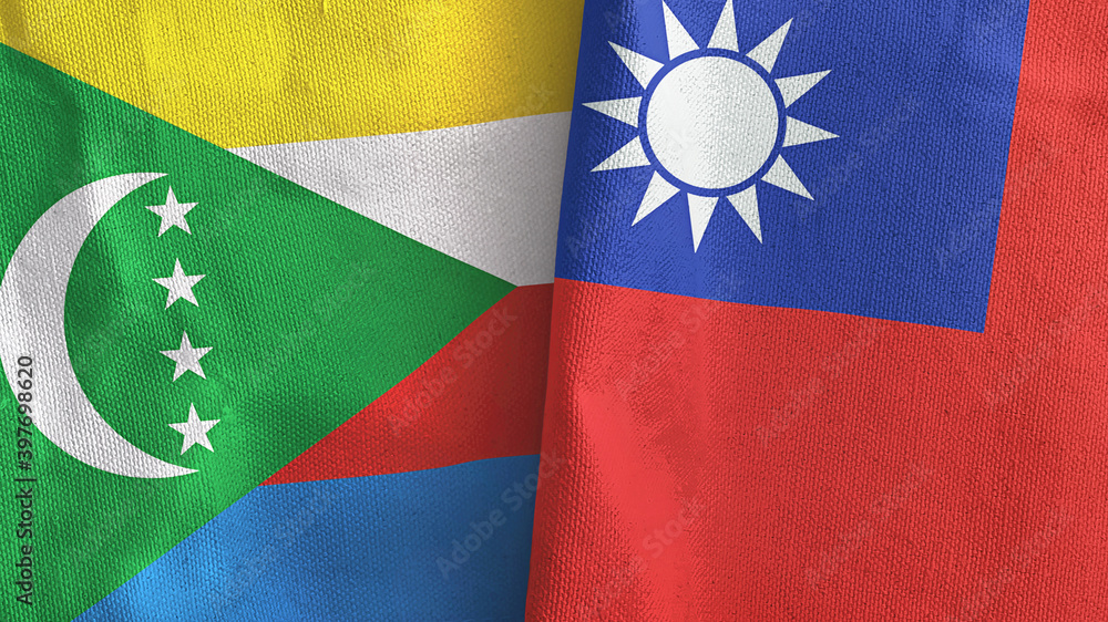 Taiwan and Comoros two flags textile cloth 3D rendering