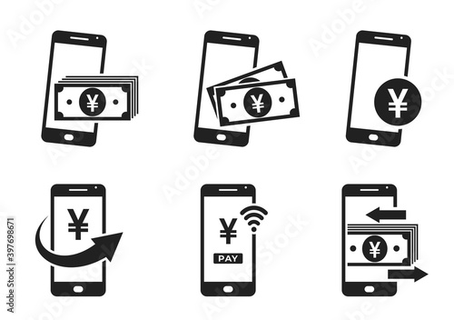 mobile money icon set. smartphone and japanese yen sign. mobile payment and money transfer symbols