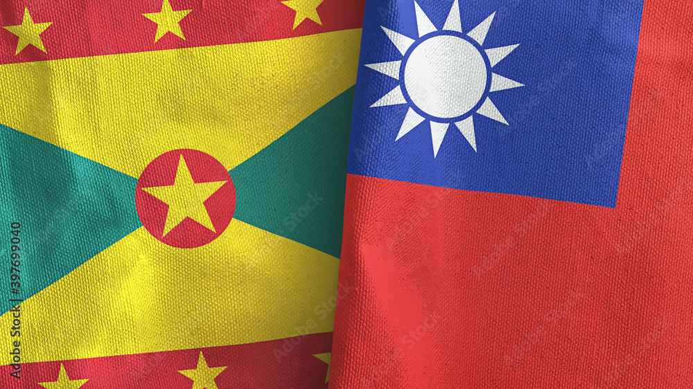 Taiwan and Grenada two flags textile cloth 3D rendering