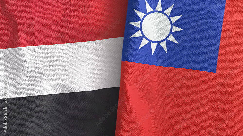 Taiwan and Yemen two flags textile cloth 3D rendering
